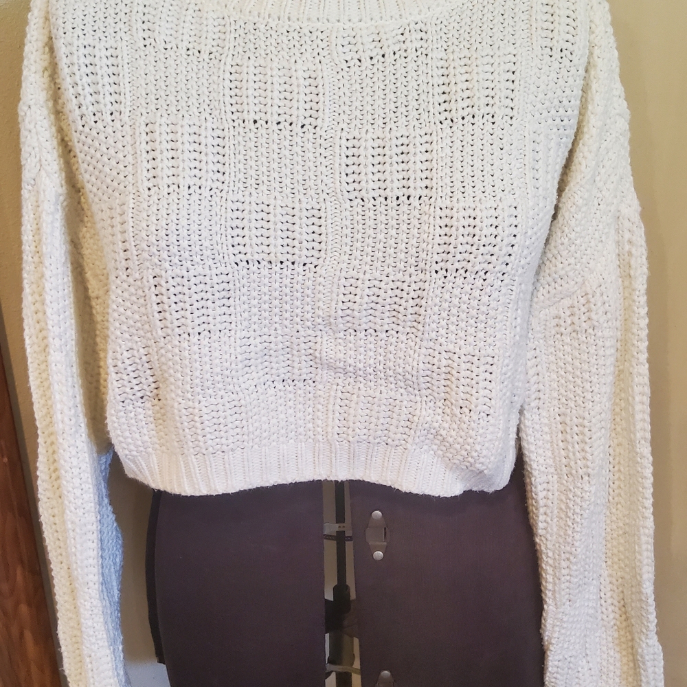 Open-Weave Cream Cropped Crewneck Sweater